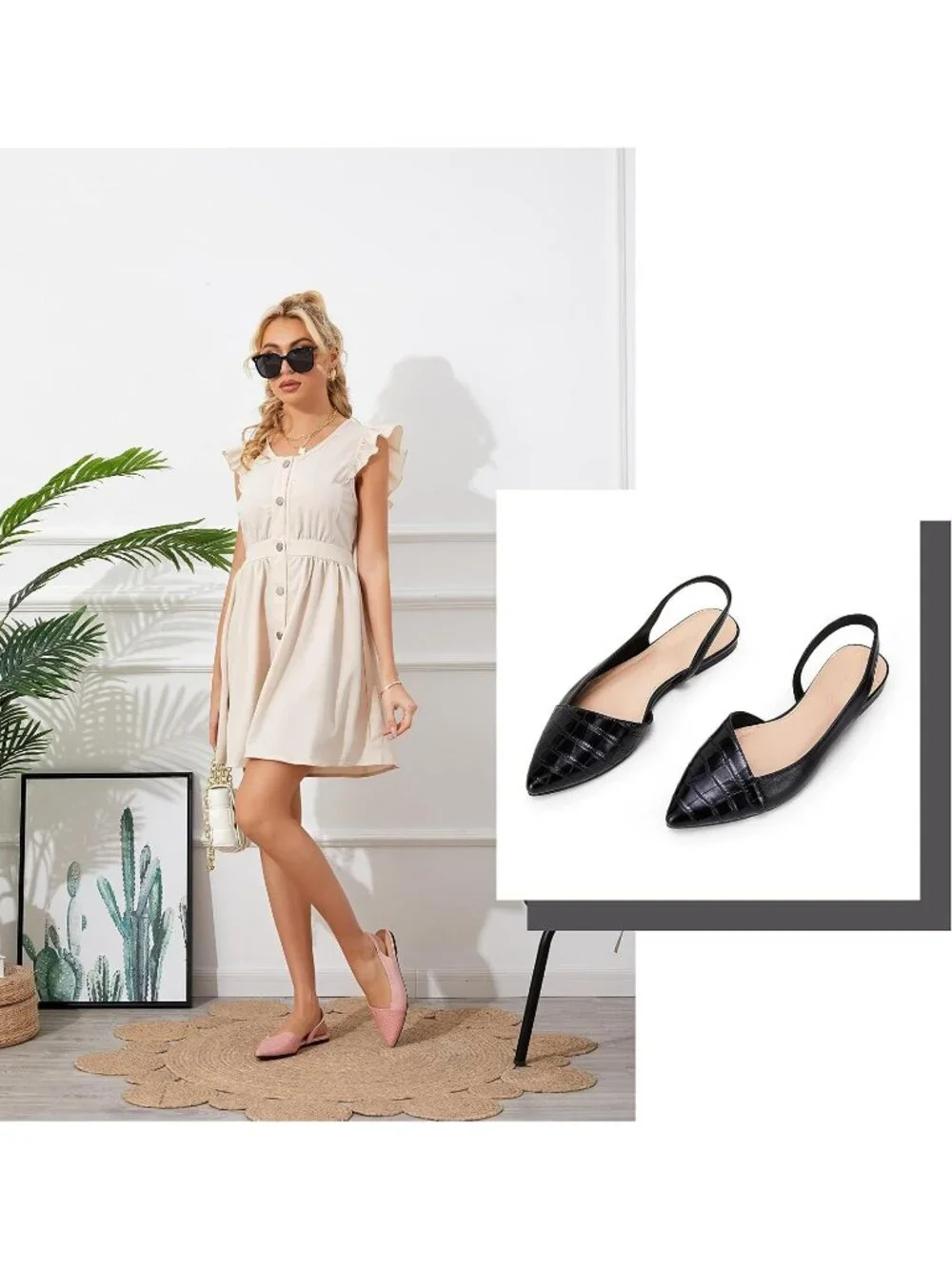Women's Black Closed Pointed Toe Flats Slip on Cutout Animal Print Mules Sandals